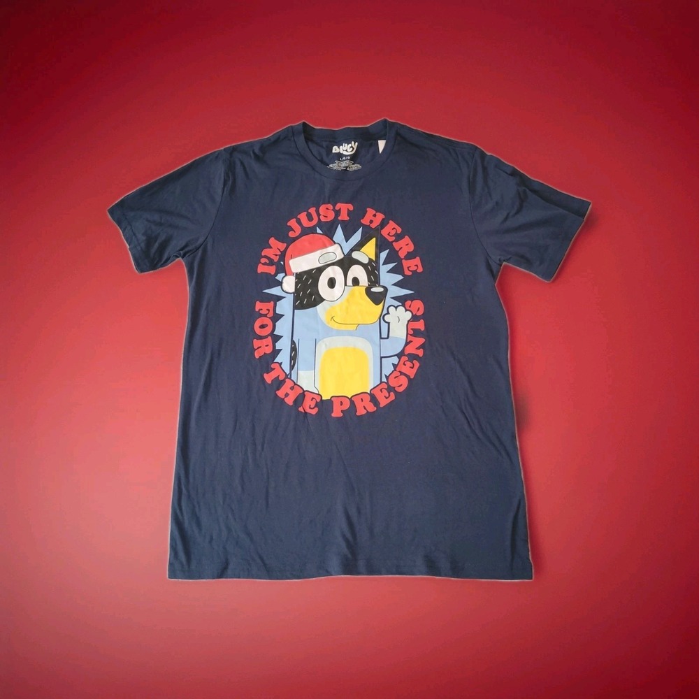 Bluey Mens Large I'm Just Here For The Presents Blue Unisex Christmas Tshirt